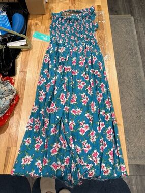 Tiare Hawaii Eri Strapless Smocked Floral Maxi Dress with Pink & White Blooms